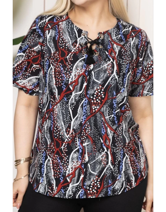 Kadın Desenli Püsküllü Viskon Bluz Bebe Yaka Kısa Kollu Big Size Kesim - Desenli