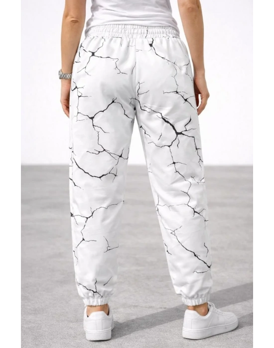 Kadın Dijital Baskılı Eşofman Altı Üç İplik Şardonlu Lastikli Paça Cepli Kalıp - Beyaz