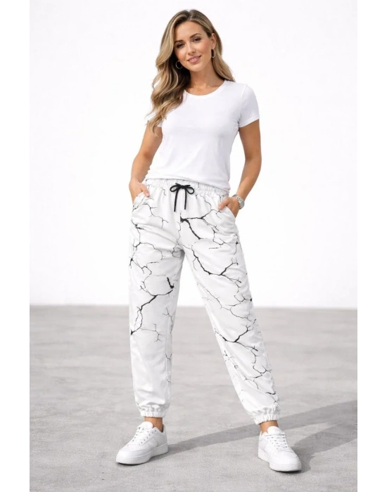 Kadın Dijital Baskılı Eşofman Altı Üç İplik Şardonlu Lastikli Paça Cepli Kalıp - Beyaz