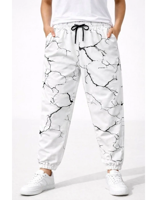 Kadın Dijital Baskılı Eşofman Altı Üç İplik Şardonlu Lastikli Paça Cepli Kalıp - Beyaz