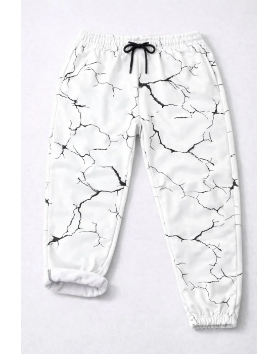 Kadın Dijital Baskılı Eşofman Altı Üç İplik Şardonlu Lastikli Paça Cepli Kalıp - Beyaz