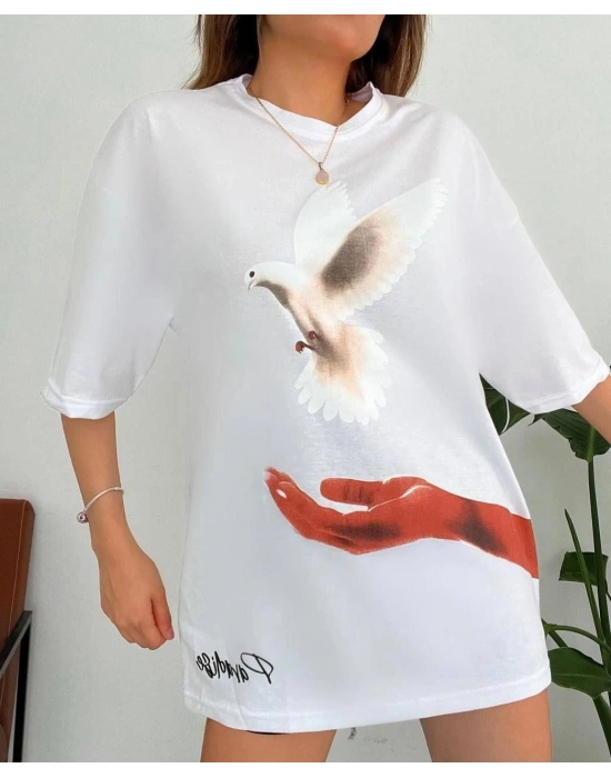 Kadın Dijital Baskılı T-Shirt - Beyaz