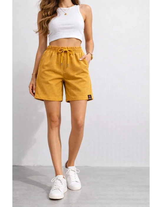 Kadın Dokuma otoban Şort Beli Lastikli Bağcıklı Cepli Kesim Şort - Hardal