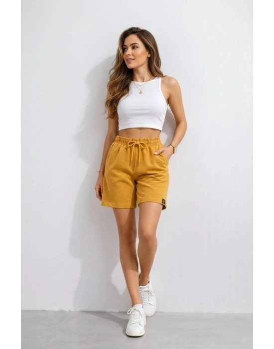 Kadın Dokuma otoban Şort Beli Lastikli Bağcıklı Cepli Kesim Şort - Hardal