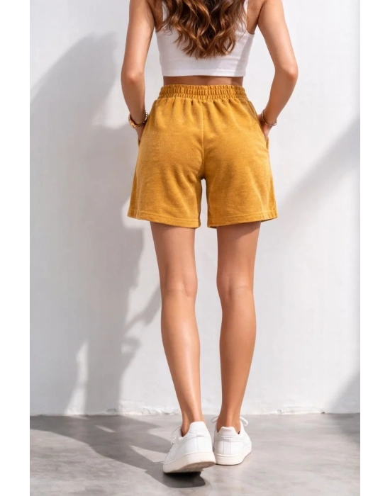 Kadın Dokuma otoban Şort Beli Lastikli Bağcıklı Cepli Kesim Şort - Hardal