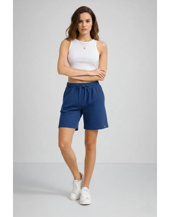 Kadın Dokuma otoban Şort Beli Lastikli Bağcıklı Cepli Kesim Şort - İndigo