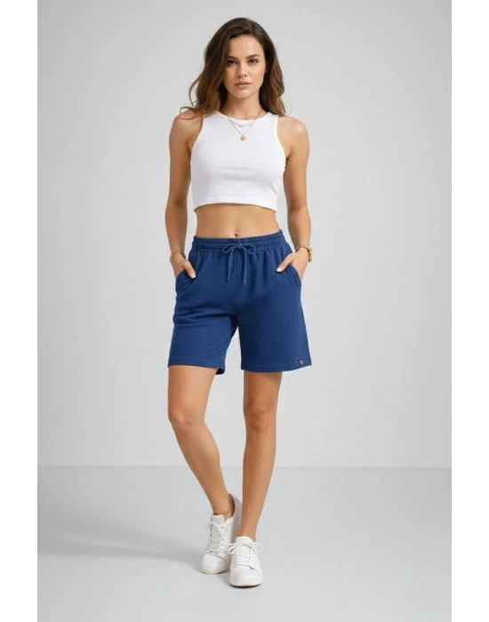 Kadın Dokuma otoban Şort Beli Lastikli Bağcıklı Cepli Kesim Şort - İndigo