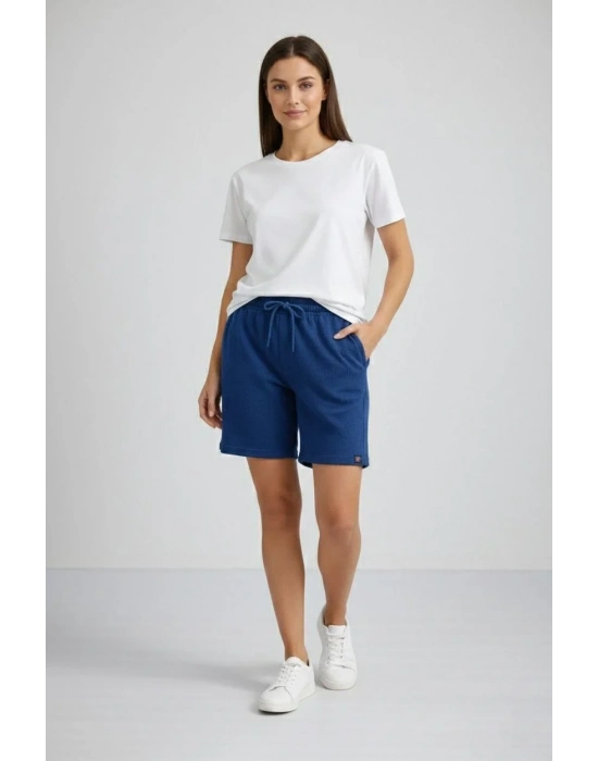 Kadın Dokuma otoban Şort Beli Lastikli Bağcıklı Cepli Kesim Şort - İndigo
