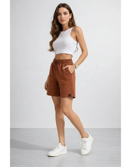 Kadın Dokuma otoban Şort Beli Lastikli Bağcıklı Cepli Kesim Şort - Kahverengi