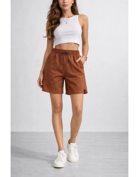 Kadın Dokuma otoban Şort Beli Lastikli Bağcıklı Cepli Kesim Şort - Kahverengi