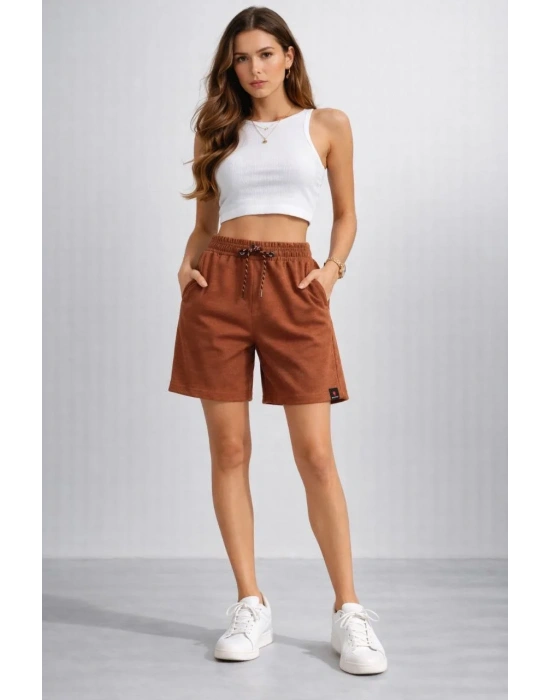 Kadın Dokuma otoban Şort Beli Lastikli Bağcıklı Cepli Kesim Şort - Kahverengi