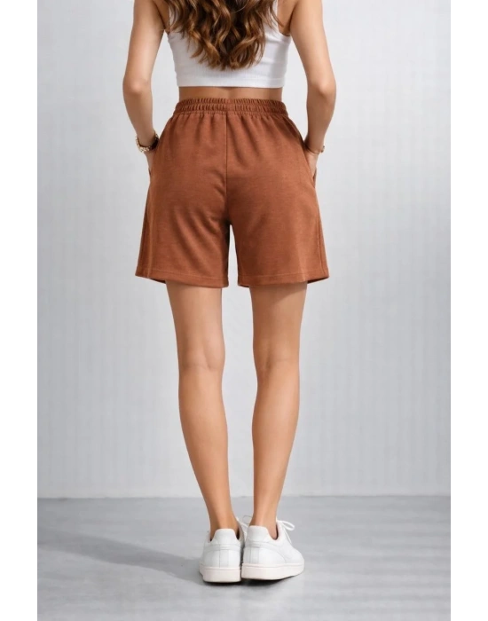 Kadın Dokuma otoban Şort Beli Lastikli Bağcıklı Cepli Kesim Şort - Kahverengi