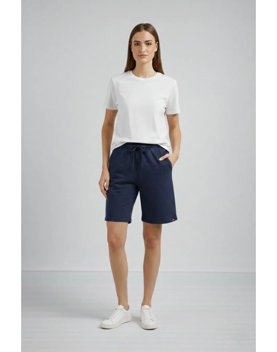 Kadın Dokuma otoban Şort Beli Lastikli Bağcıklı Cepli Kesim Şort - Lacivert
