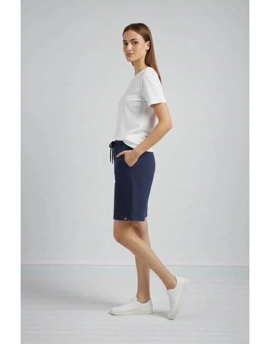Kadın Dokuma otoban Şort Beli Lastikli Bağcıklı Cepli Kesim Şort - Lacivert