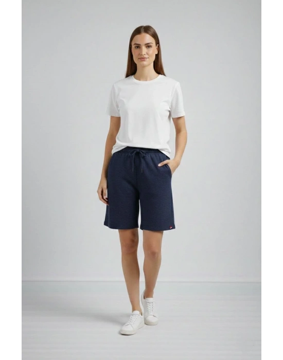 Kadın Dokuma otoban Şort Beli Lastikli Bağcıklı Cepli Kesim Şort - Lacivert