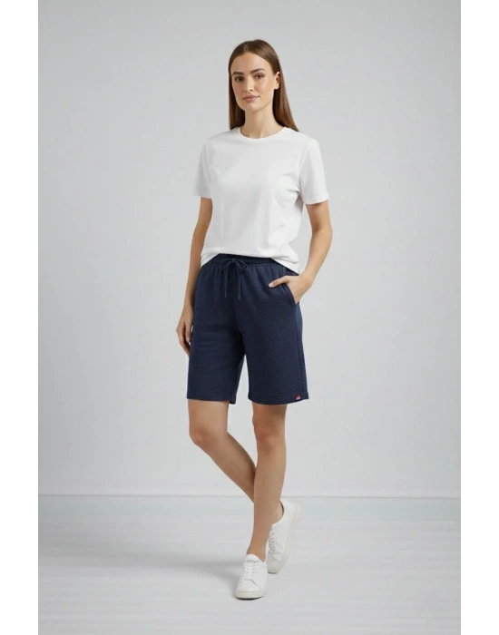 Kadın Dokuma otoban Şort Beli Lastikli Bağcıklı Cepli Kesim Şort - Lacivert