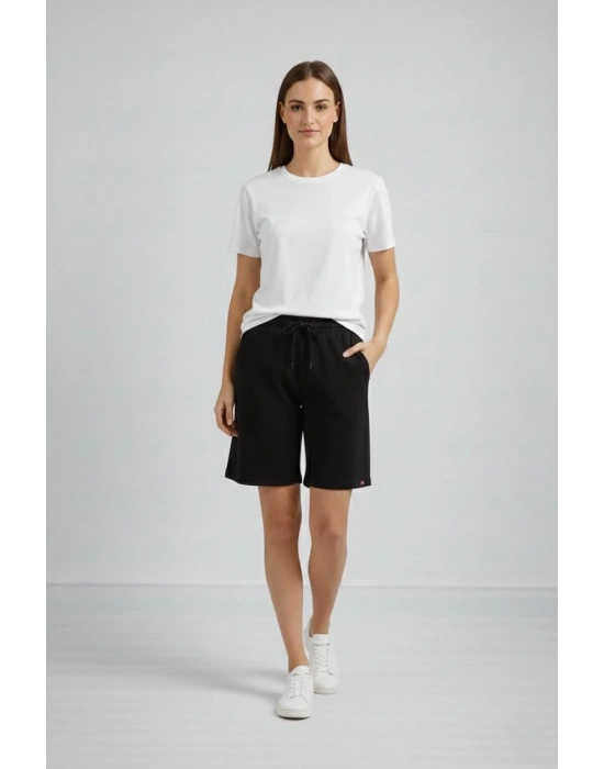 Kadın Dokuma otoban Şort Beli Lastikli Bağcıklı Cepli Kesim Şort - Siyah