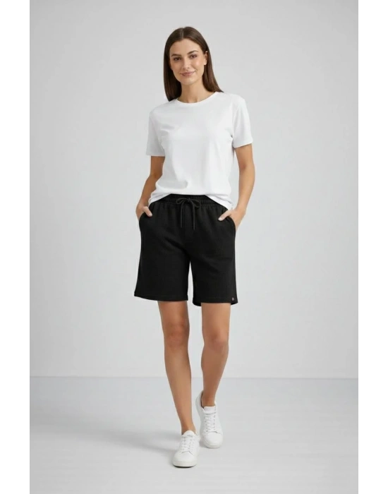 Kadın Dokuma otoban Şort Beli Lastikli Bağcıklı Cepli Kesim Şort - Siyah
