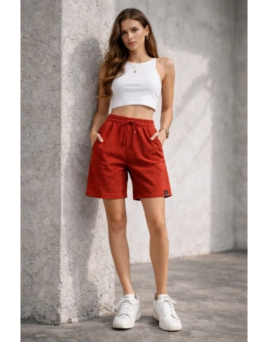 Kadın Dokuma otoban Şort Beli Lastikli Bağcıklı Cepli Kesim Şort - Turuncu