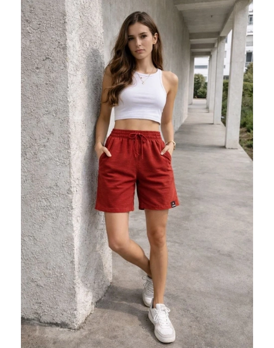 Kadın Dokuma otoban Şort Beli Lastikli Bağcıklı Cepli Kesim Şort - Turuncu
