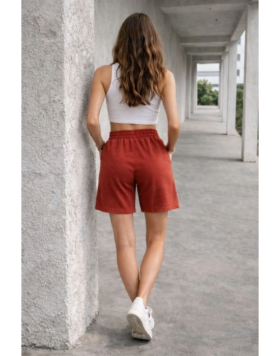 Kadın Dokuma otoban Şort Beli Lastikli Bağcıklı Cepli Kesim Şort - Turuncu