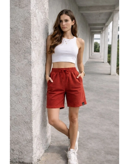 Kadın Dokuma otoban Şort Beli Lastikli Bağcıklı Cepli Kesim Şort - Turuncu