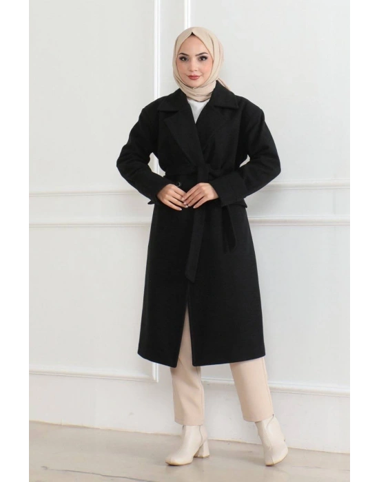 Kadın Düğmeli İçi Astarlı Kaşmir Kaşe Kaban - Siyah