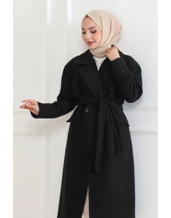 Kadın Düğmeli İçi Astarlı Kaşmir Kaşe Kaban - Siyah