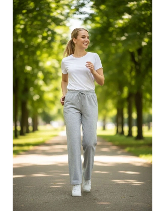 Kadın Düz Paça Beli Lastikli İpli Günlük Spor Eşofman Altı Rahat Fit - Gri