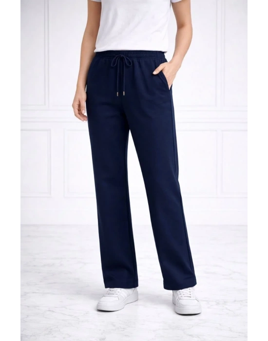 Kadın Düz Paça Beli Lastikli İpli Spor Eşofman Altı Fit - Lacivert