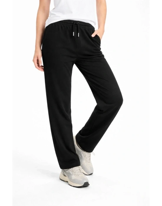 Kadın Düz Paça Beli Lastikli İpli Günlük Spor Eşofman Altı Rahat Fit - Siyah