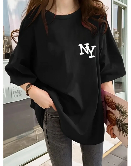 Kadın Eğlenceli Harf NY Baskılı Bisiklet Yaka Tişört - Polyester Makinede - Siyah
