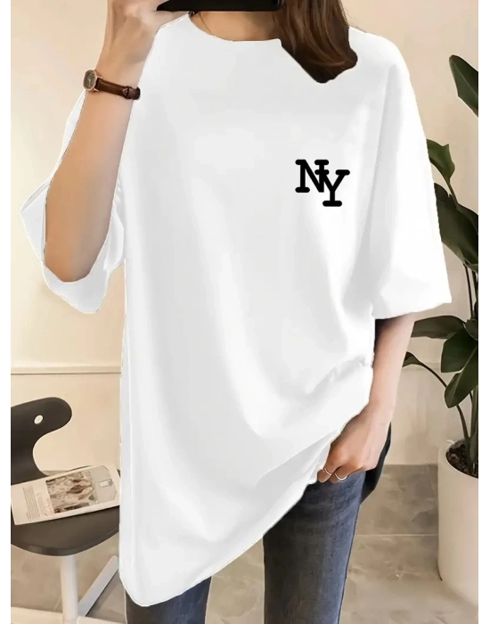 Kadın Eğlenceli Harf NY Baskılı Bisiklet Yaka Tişört - Polyester Makinede - Beyaz