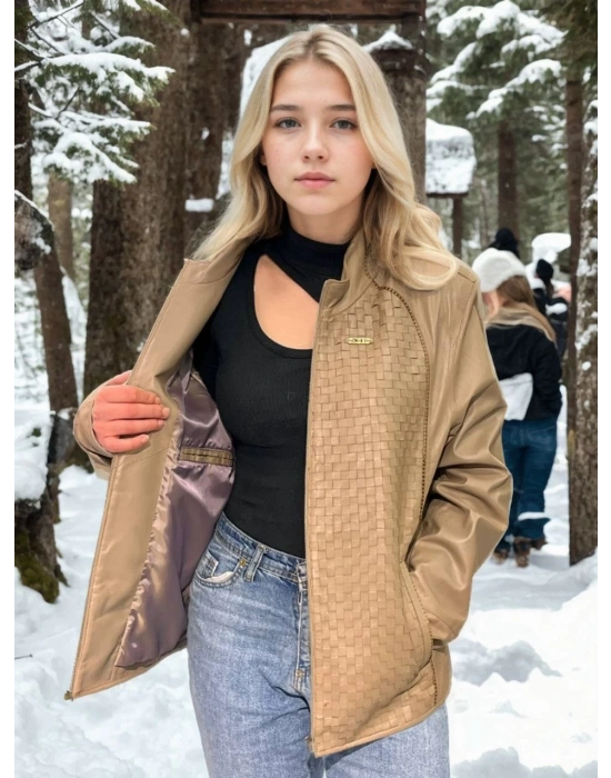 Kadın Fileli Deri Ceket - Krem