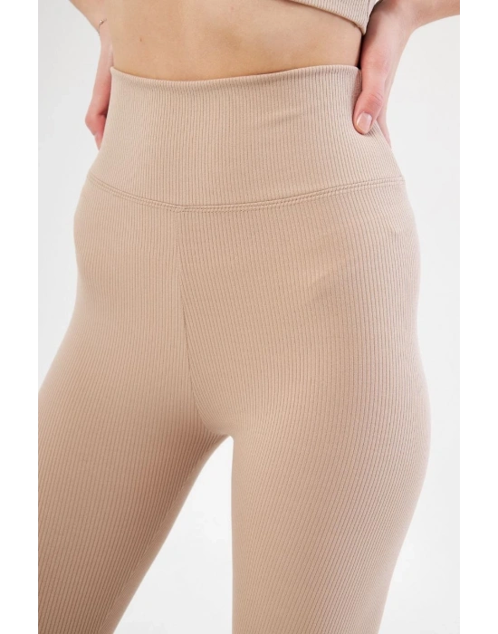 Kadın Fitilli Full Likralı Yüksek Bel Toparlayıcı Tayt Günlük ve Spor Kullanım - Bej