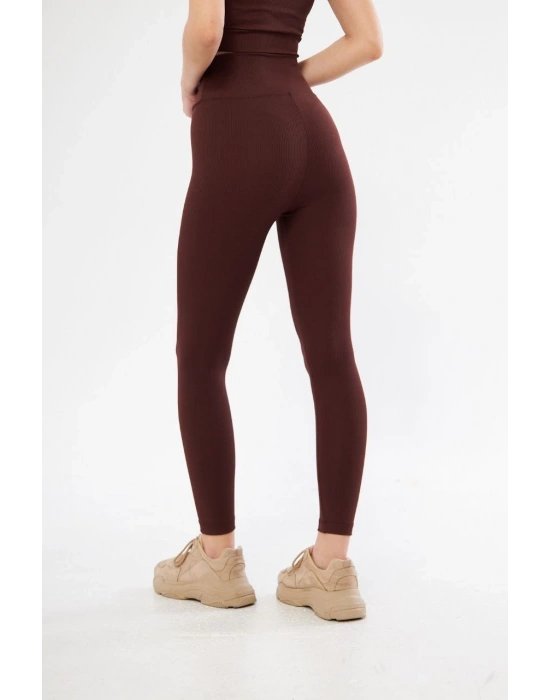 Kadın Fitilli Full Likralı Yüksek Bel Toparlayıcı Tayt Günlük ve Spor Kullanım - Bordo