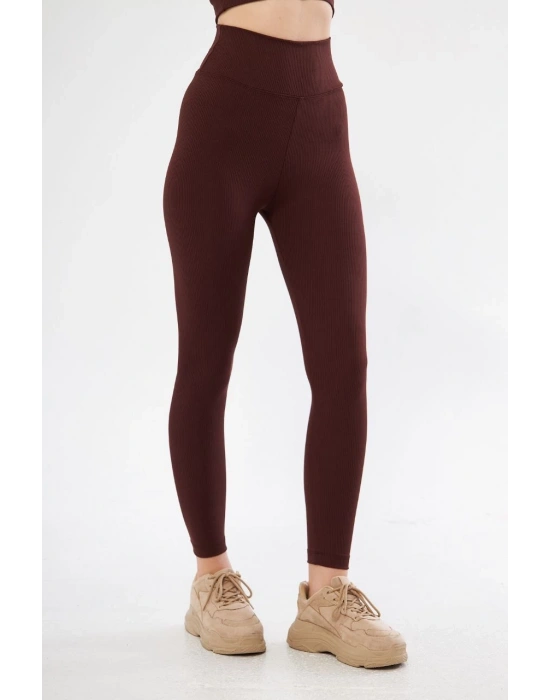 Kadın Fitilli Full Likralı Yüksek Bel Toparlayıcı Tayt Günlük ve Spor Kullanım - Bordo