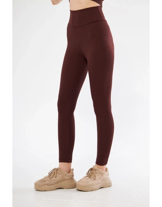 Kadın Fitilli Full Likralı Yüksek Bel Toparlayıcı Tayt Günlük ve Spor Kullanım - Bordo