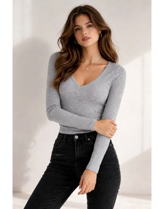 Kadın Fitilli Kaşkorse V Yaka Uzun Kollu Body Bluz Slim Fit - Gri