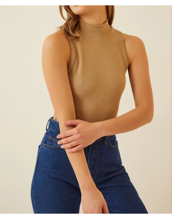 Kadın Full Likralı Fitilli Kaşkorse Body - Camel