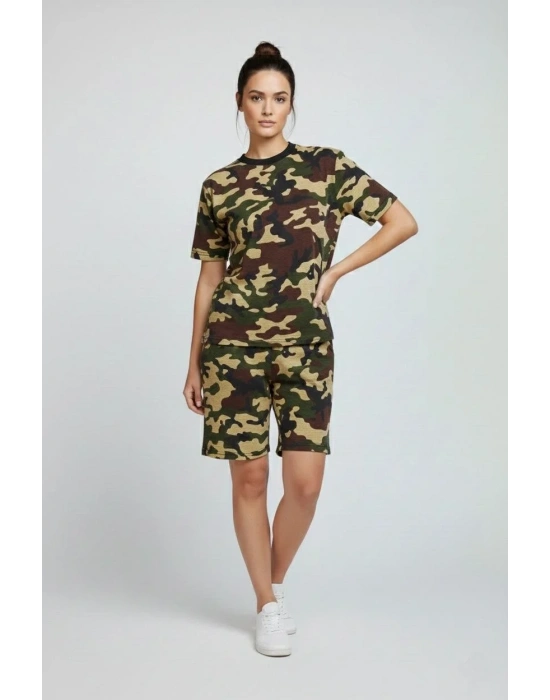 Kadın Kamuflaj Desenli Tişört Şort Takım Kesim 2’li - Kamuflaj