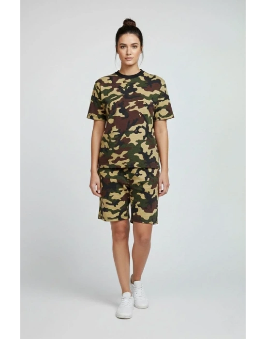 Kadın Kamuflaj Desenli Tişört Şort Takım Kesim 2’li - Kamuflaj