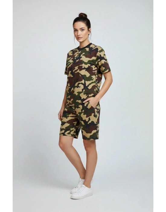 Kadın Kamuflaj Desenli Tişört Şort Takım Kesim 2’li - Kamuflaj
