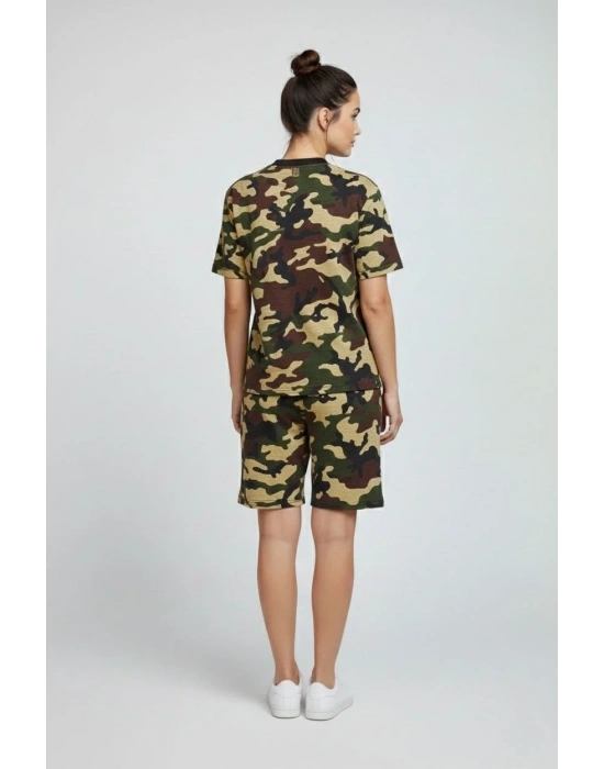 Kadın Kamuflaj Desenli Tişört Şort Takım Kesim 2’li - Kamuflaj