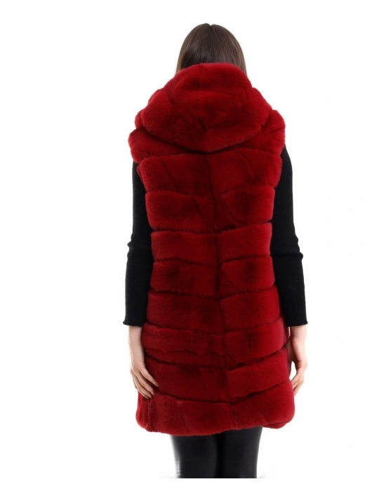 Kadın Kapşonlu Peluş Kürk Yelek Premium Kalite Tam Astarlı Uzun Model - Kırmızı