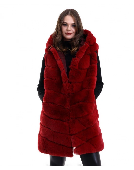 Kadın Kapşonlu Peluş Kürk Yelek Premium Kalite Tam Astarlı Uzun Model - Kırmızı
