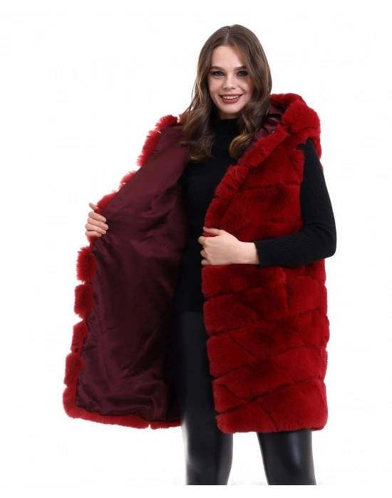 Kadın Kapşonlu Peluş Kürk Yelek Premium Kalite Tam Astarlı Uzun Model - Kırmızı