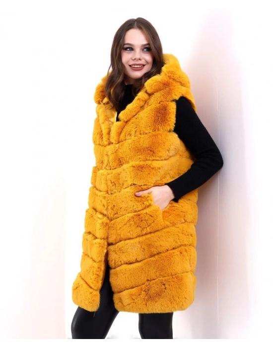 Kadın Kapşonlu Peluş Kürk Yelek Premium Kalite, Tam Astarlı, Uzun Model - Sarı