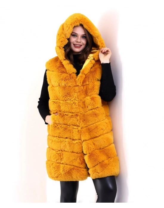 Kadın Kapşonlu Peluş Kürk Yelek Premium Kalite, Tam Astarlı, Uzun Model - Sarı