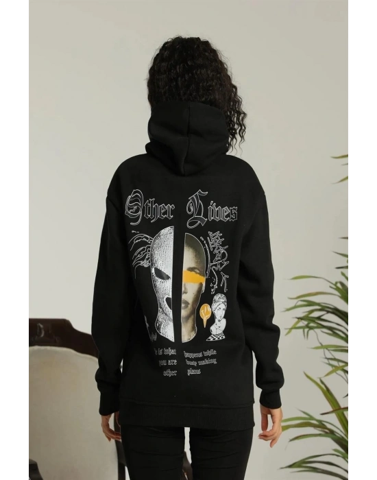 Kadın Kapşonlu Sweatshirt Oversize Üç İplik Şardonlu Other Lives Ön Arka Baskılı - Siyah